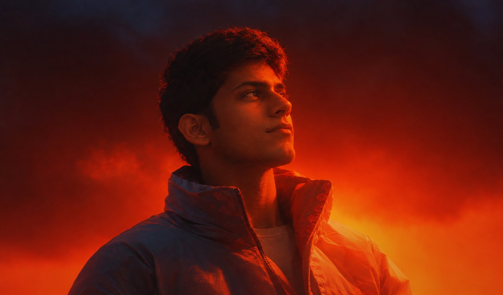Vidit Vishal looking up, lit by warm orange light