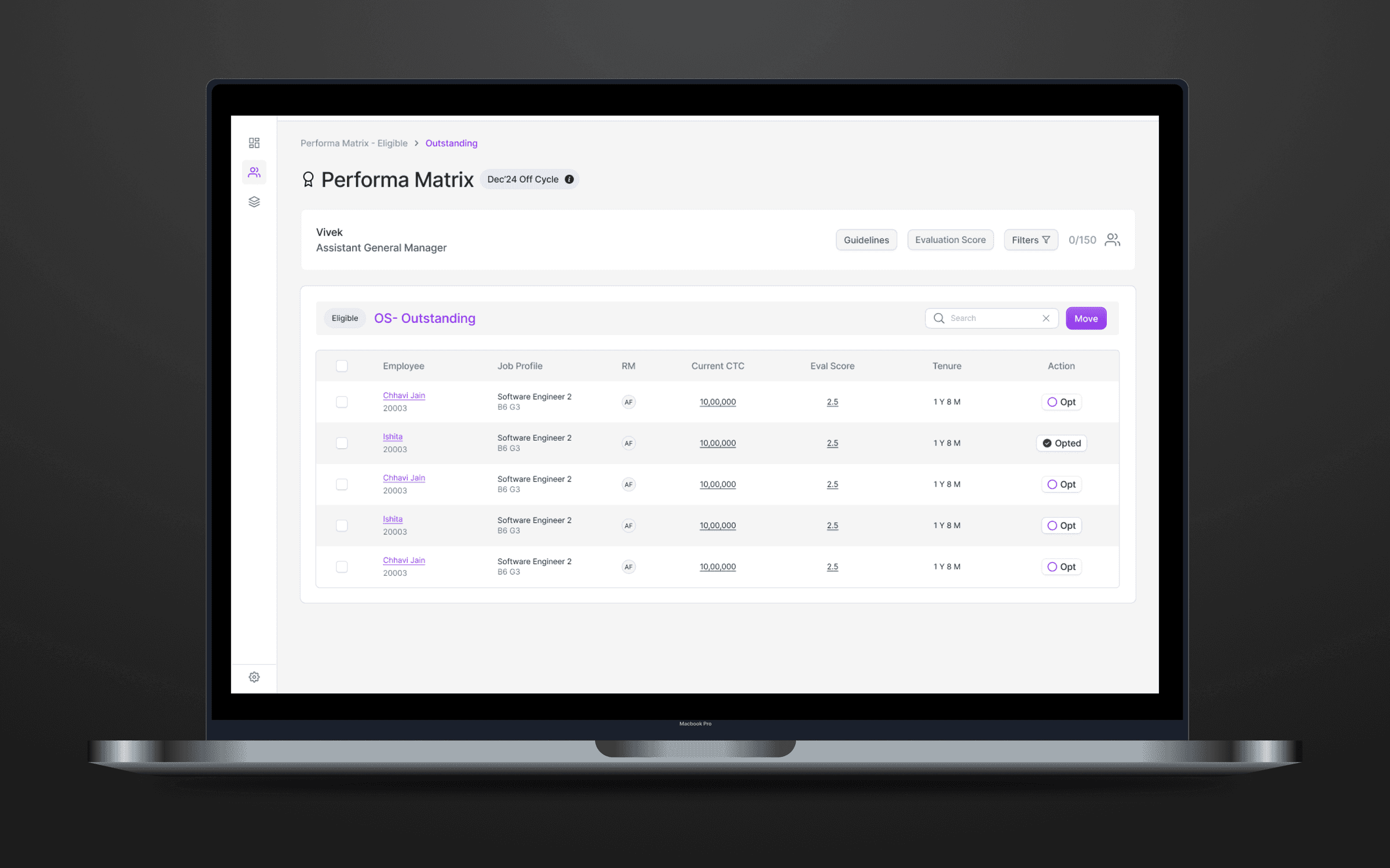 Appraisal Management Tool Performa Matrix listing employees eligible for the Outstanding rating with eval scores