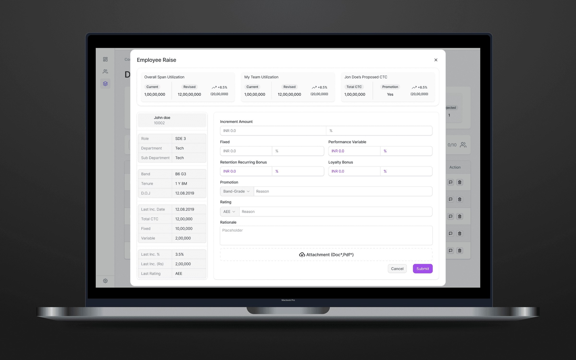 Appraisal Management Tool employee raise modal for entering increment, bonus, promotion and rating details