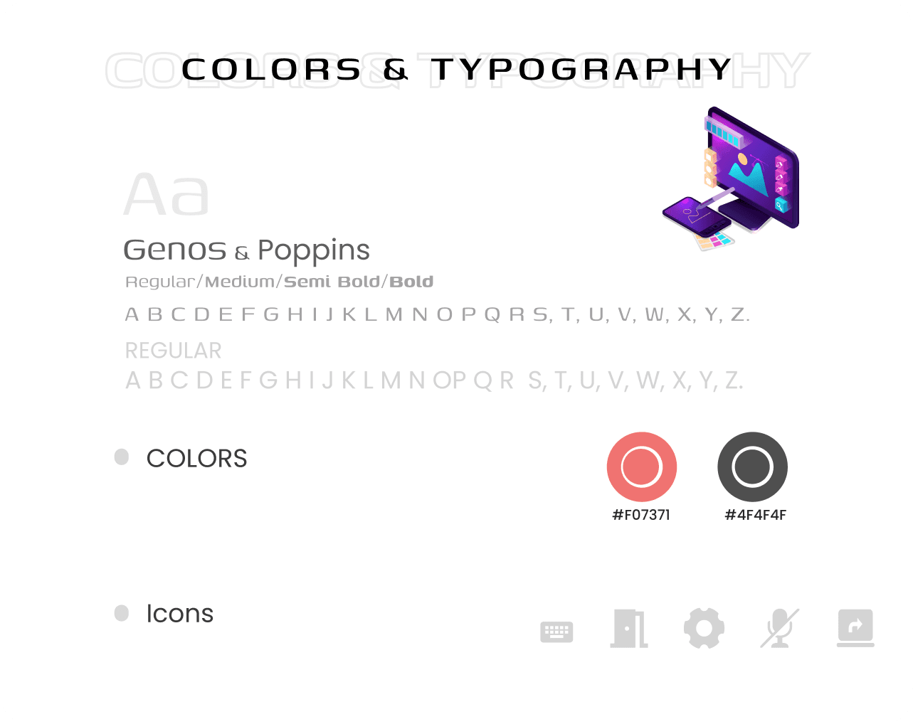 Confo design system slide showing the Genos and Poppins type scale, brand colors and UI icon set