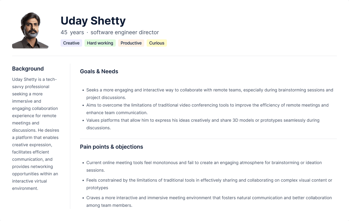 Confo user persona slide for a remote-work professional listing goals, needs, pain points and objections