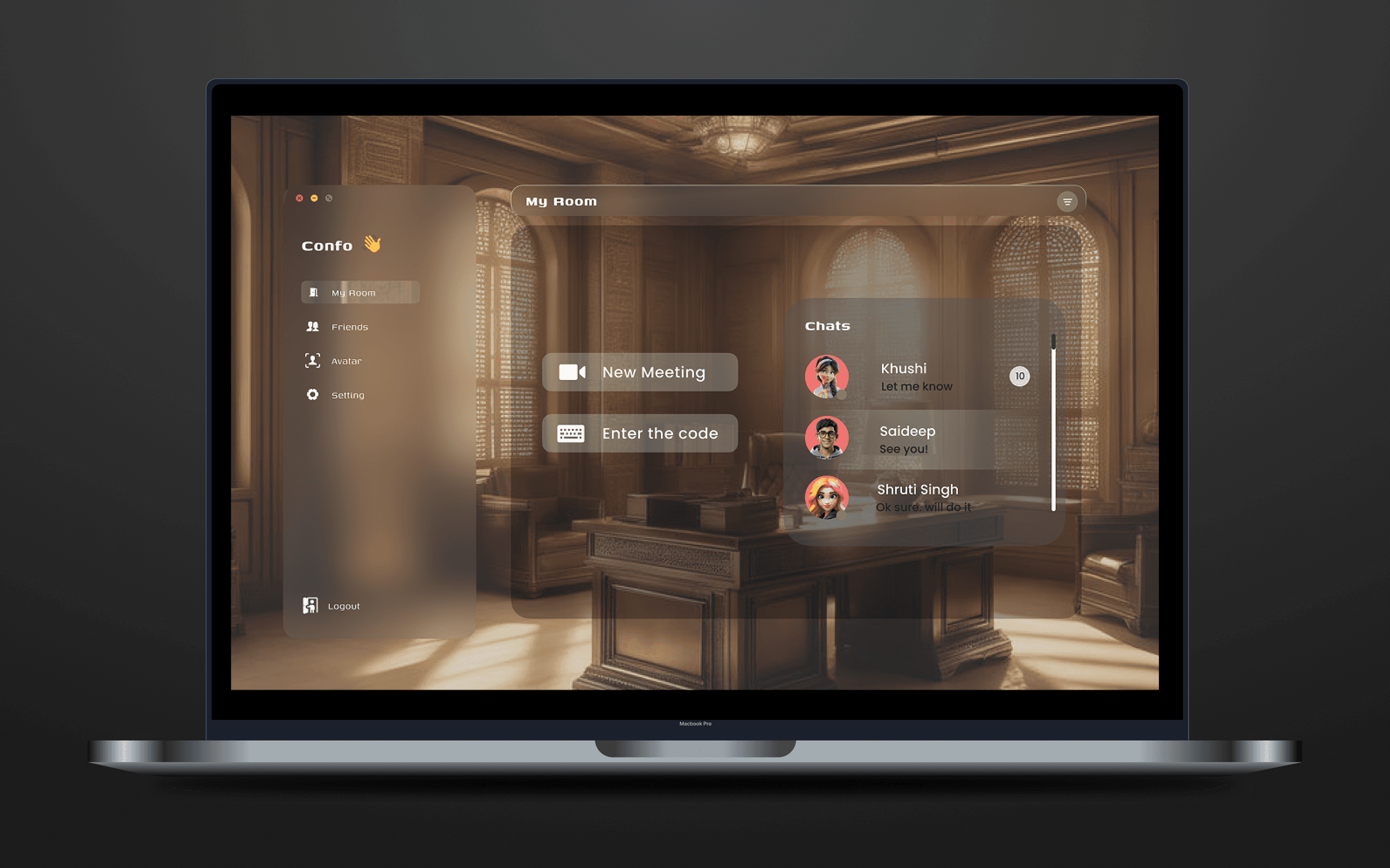 Confo My Room screen in a 3D office scene with New Meeting and Enter the code buttons and a chat list