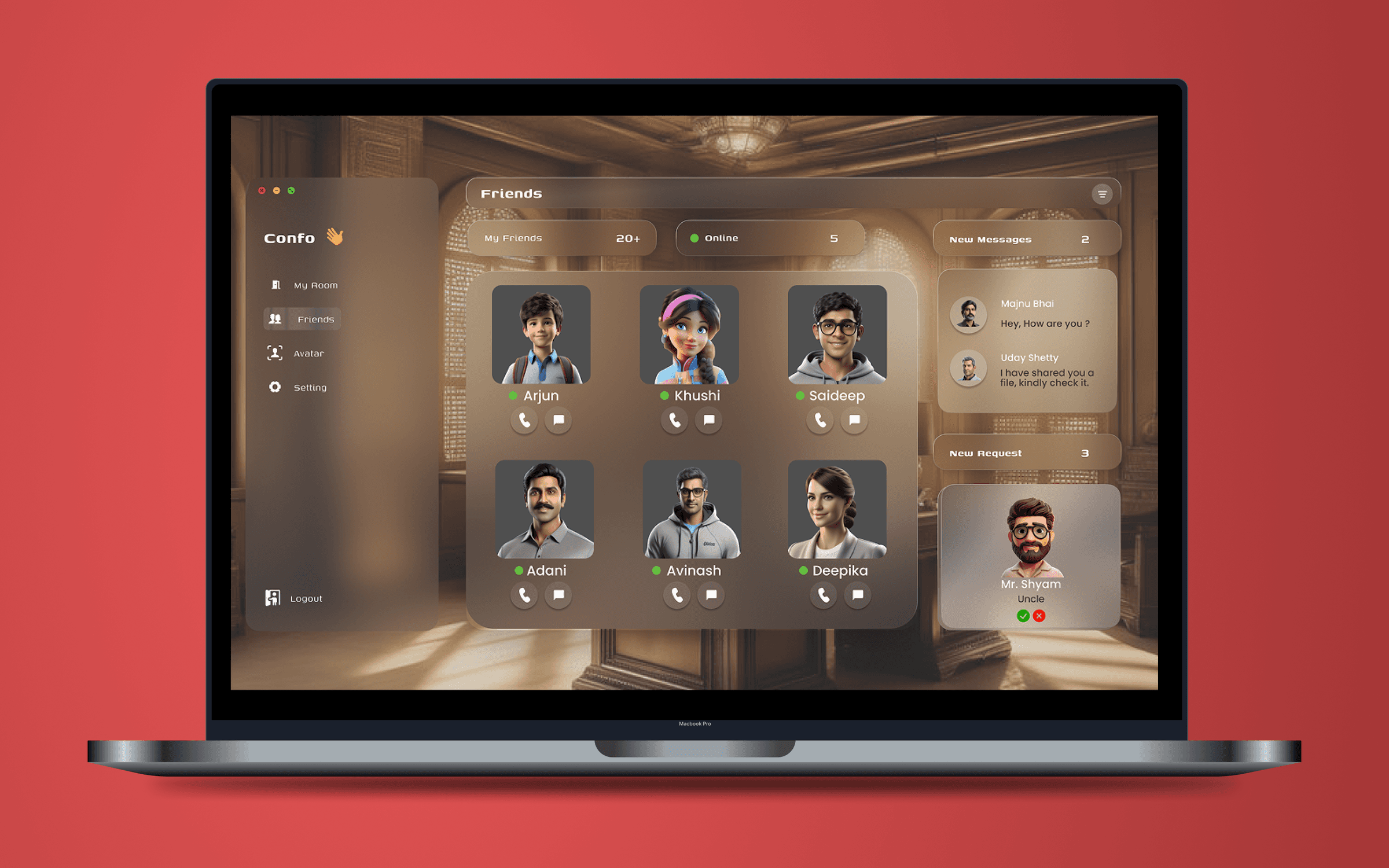 Confo Friends screen listing online avatar contacts with call and message buttons, new messages and requests