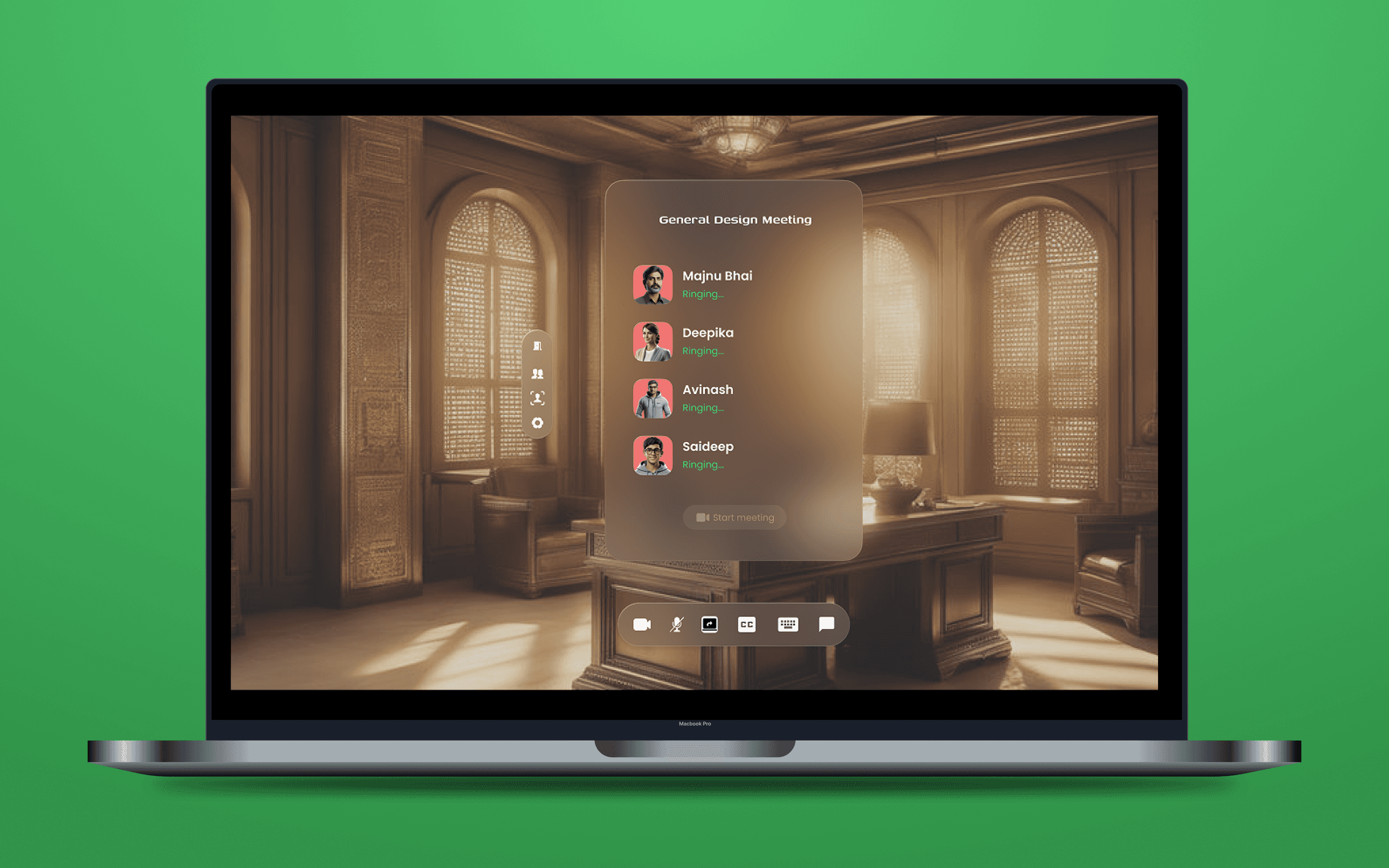 Confo group call screen for a General Design Meeting showing four contacts ringing with a Start meeting button