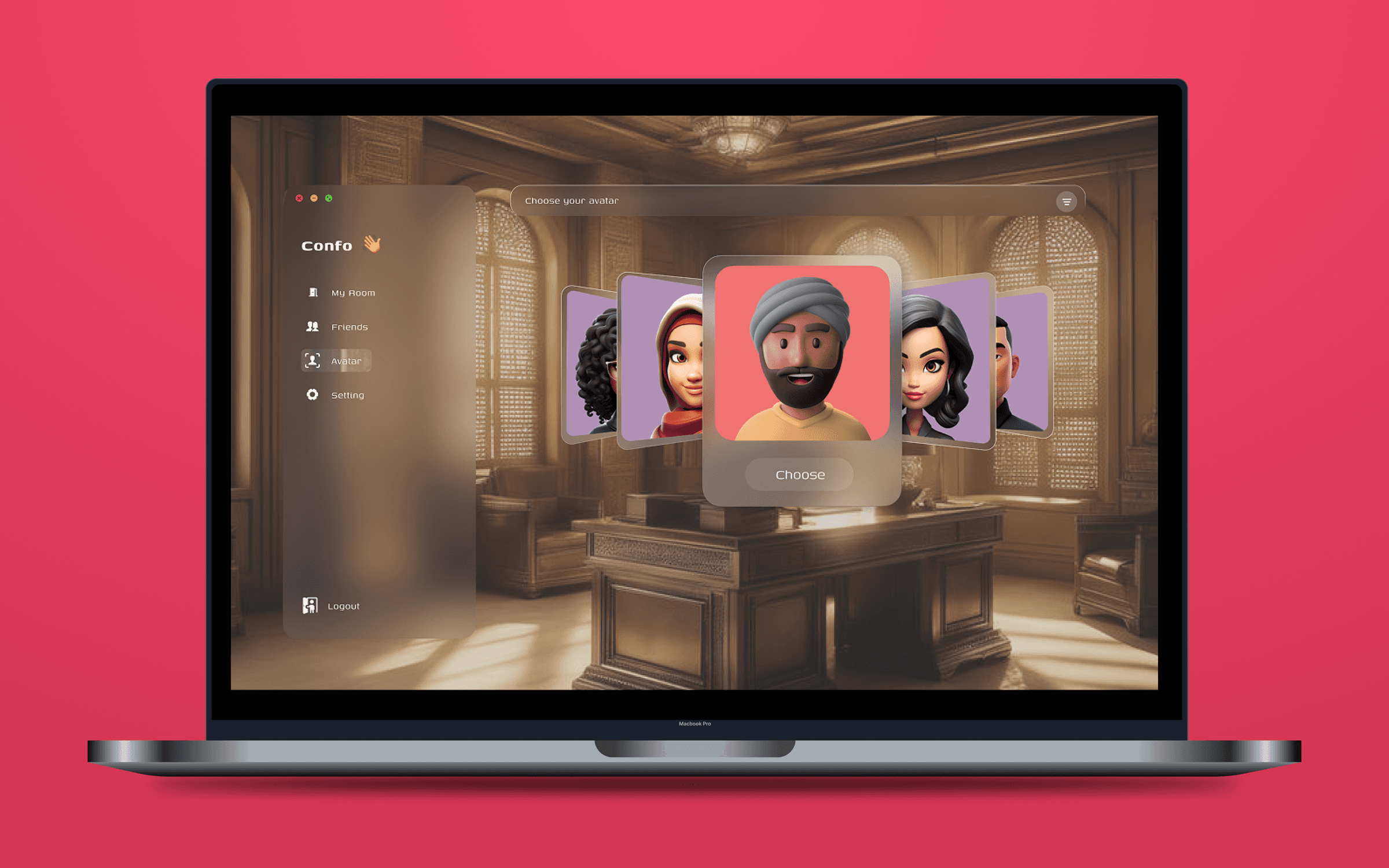 Confo avatar picker screen letting the user choose a 3D character avatar from a carousel of options