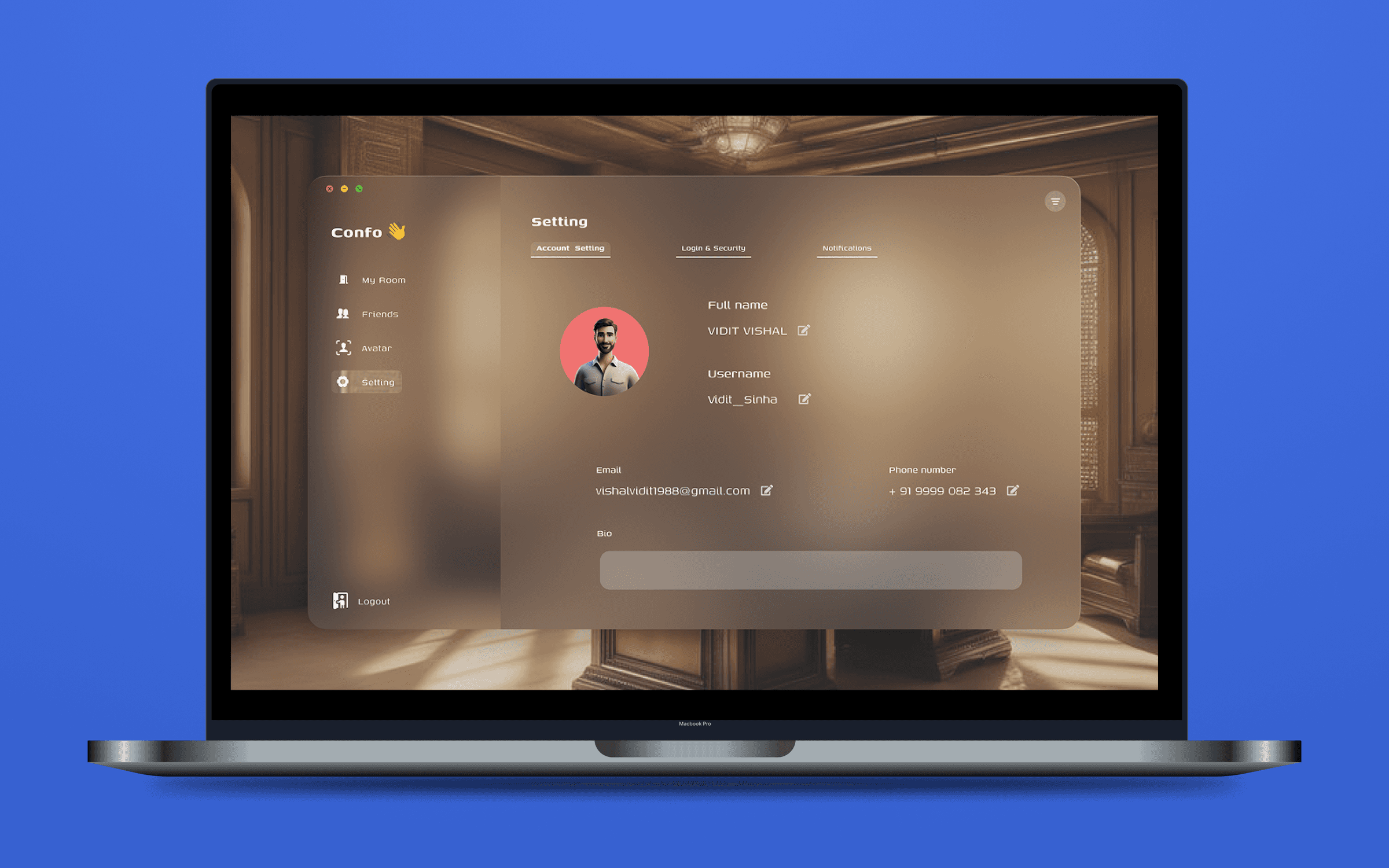 Confo account settings screen showing profile photo, full name, username, email and phone number fields