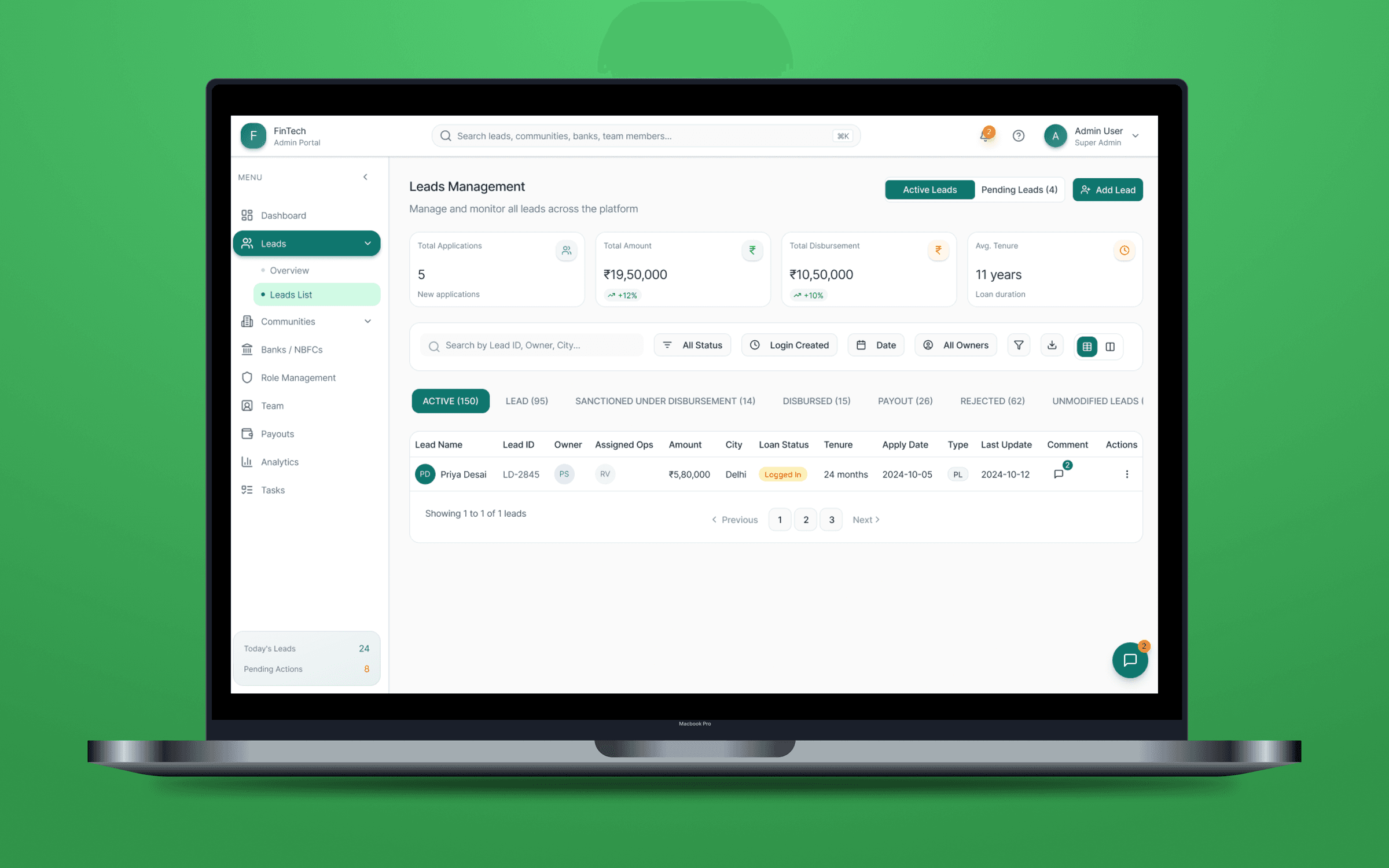 Credstack Leads Management admin table listing loan applications by status, amount, city and owner