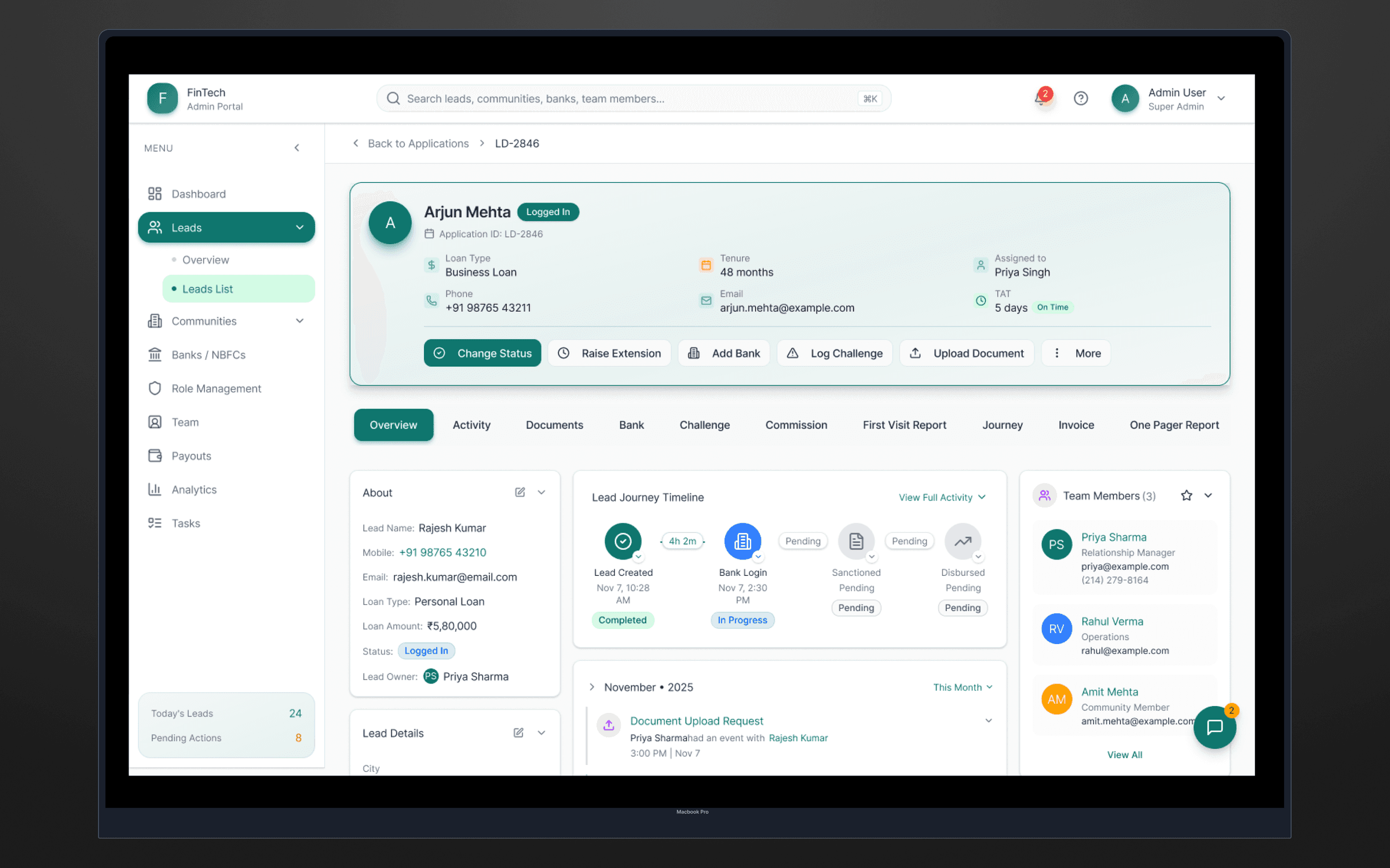 Credstack lead detail page showing a borrower's profile, loan journey timeline and assigned team members
