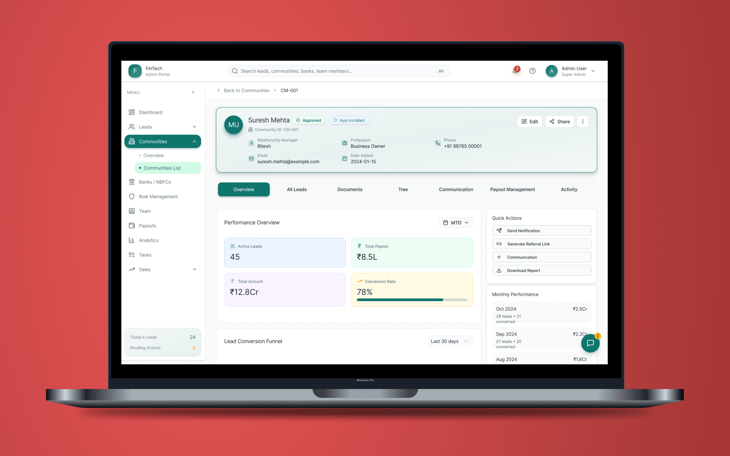 Credstack community partner overview with active leads, total payout, conversion rate and monthly performance