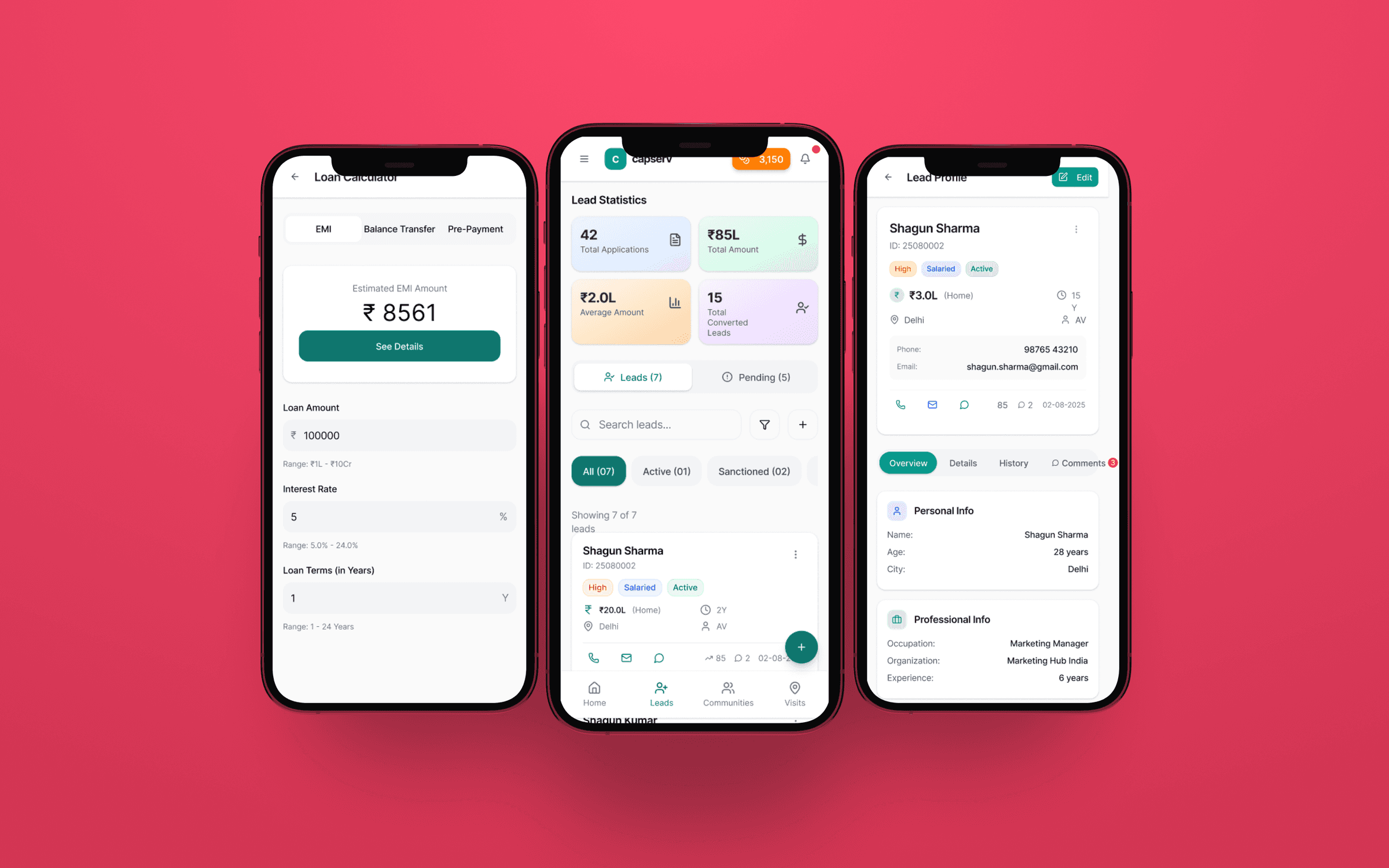 Credstack RM app screens for the EMI loan calculator, lead statistics list and an individual lead profile