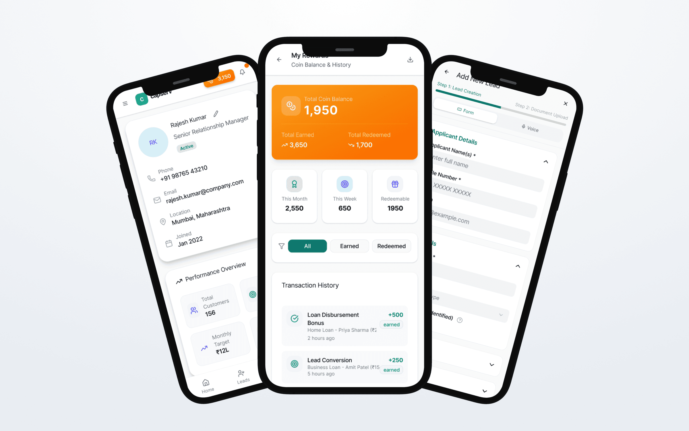 Credstack RM app screens showing the RM's profile, coin rewards balance with transaction history, and add-lead form