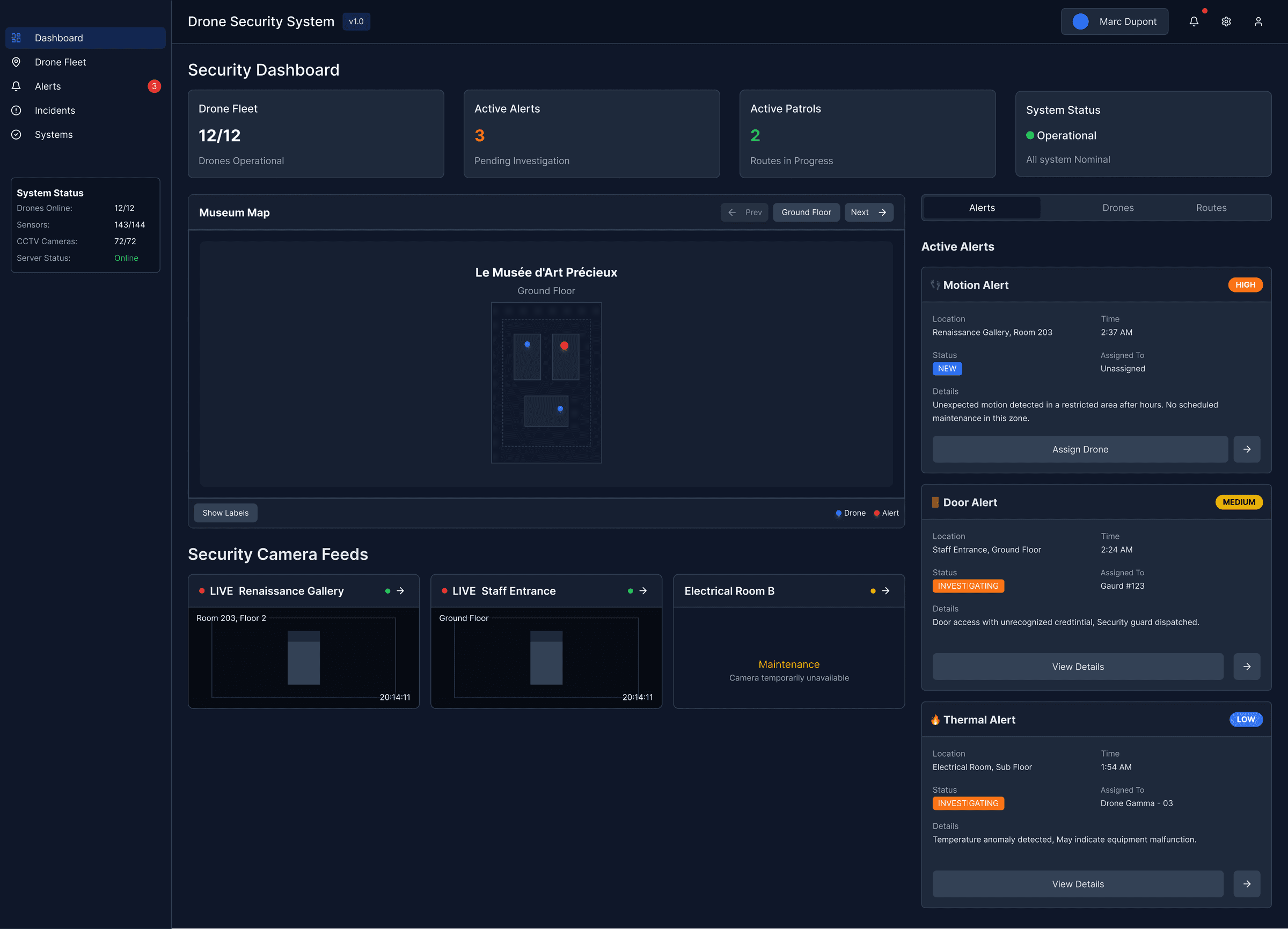 Drono security dashboard with drone fleet, alert and patrol counts, a museum floor map and live camera feeds