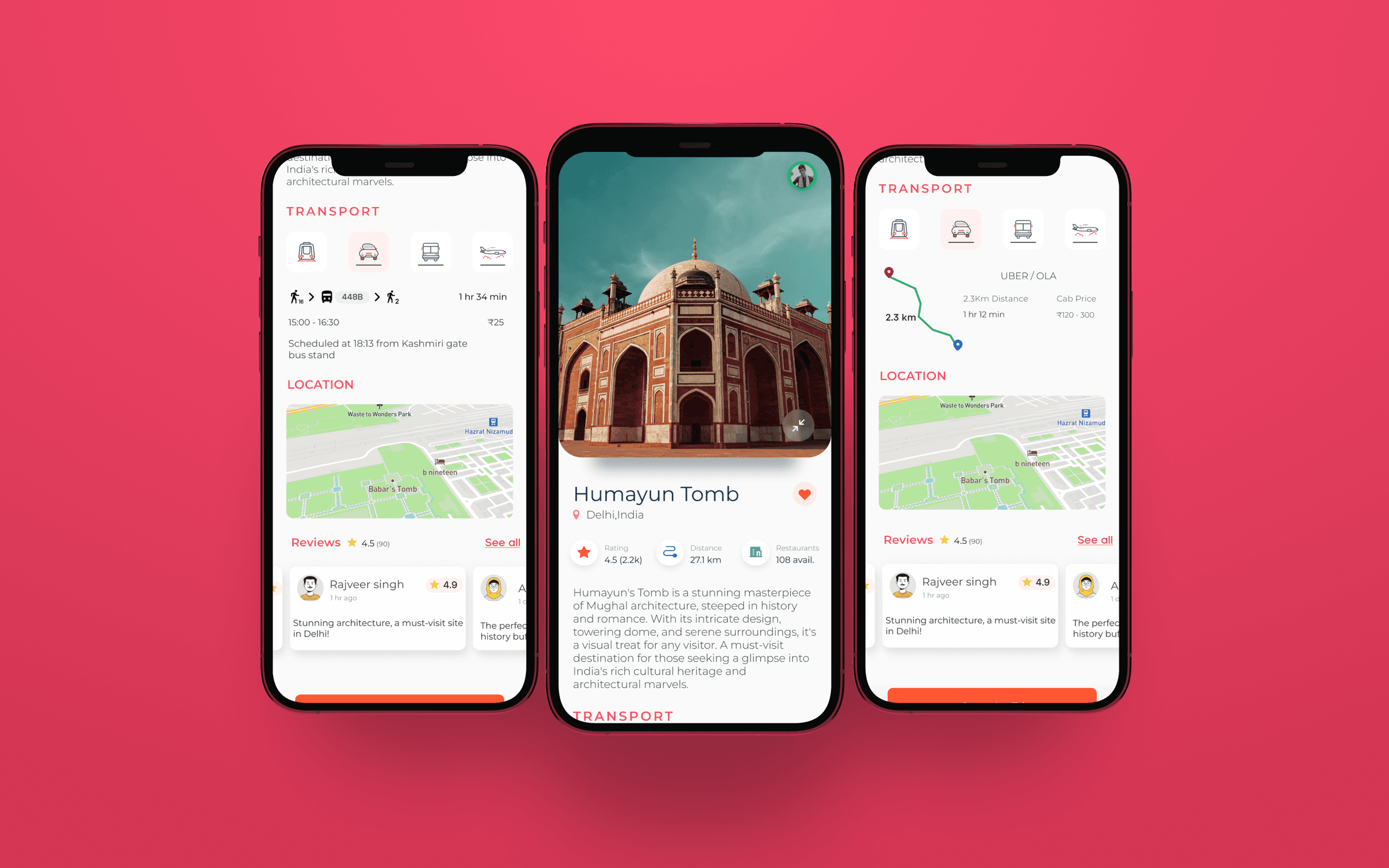 Outscape destination screens for Humayun's Tomb showing a photo, transport options, cab route and reviews