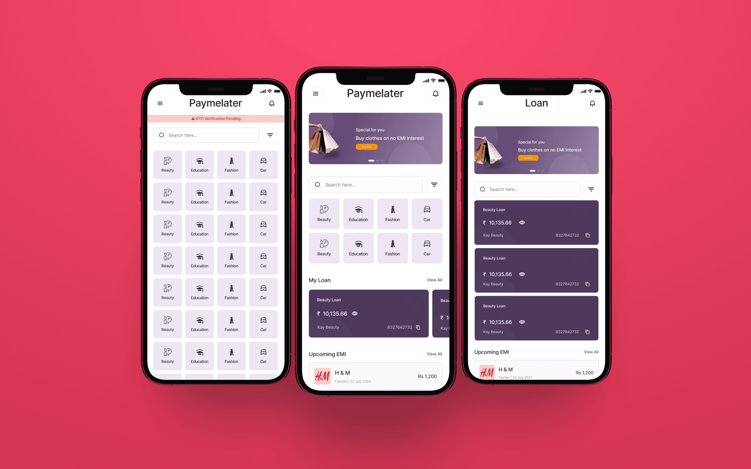 Paymelater app screens showing the domain category grid, home feed with an EMI offer banner, and a loan list