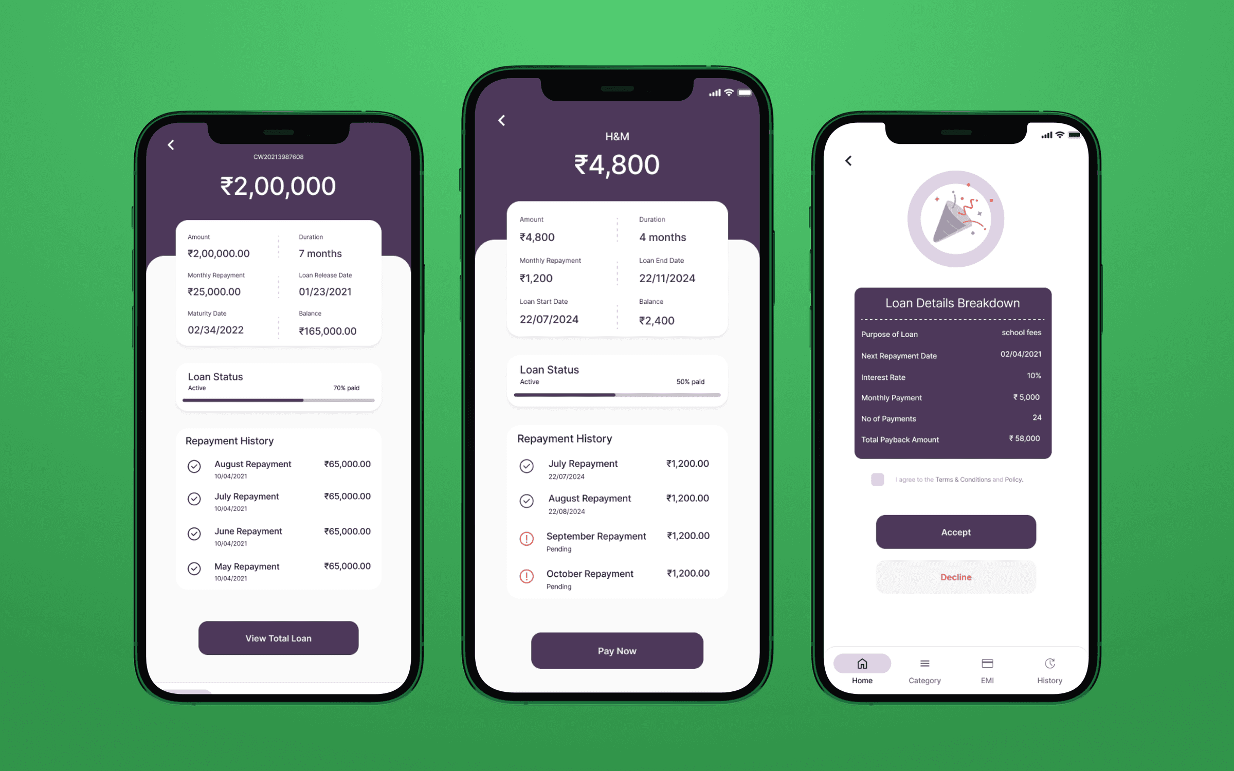 Paymelater app screens showing an active loan's repayment history, an H&M EMI plan, and a loan offer breakdown to accept or decline