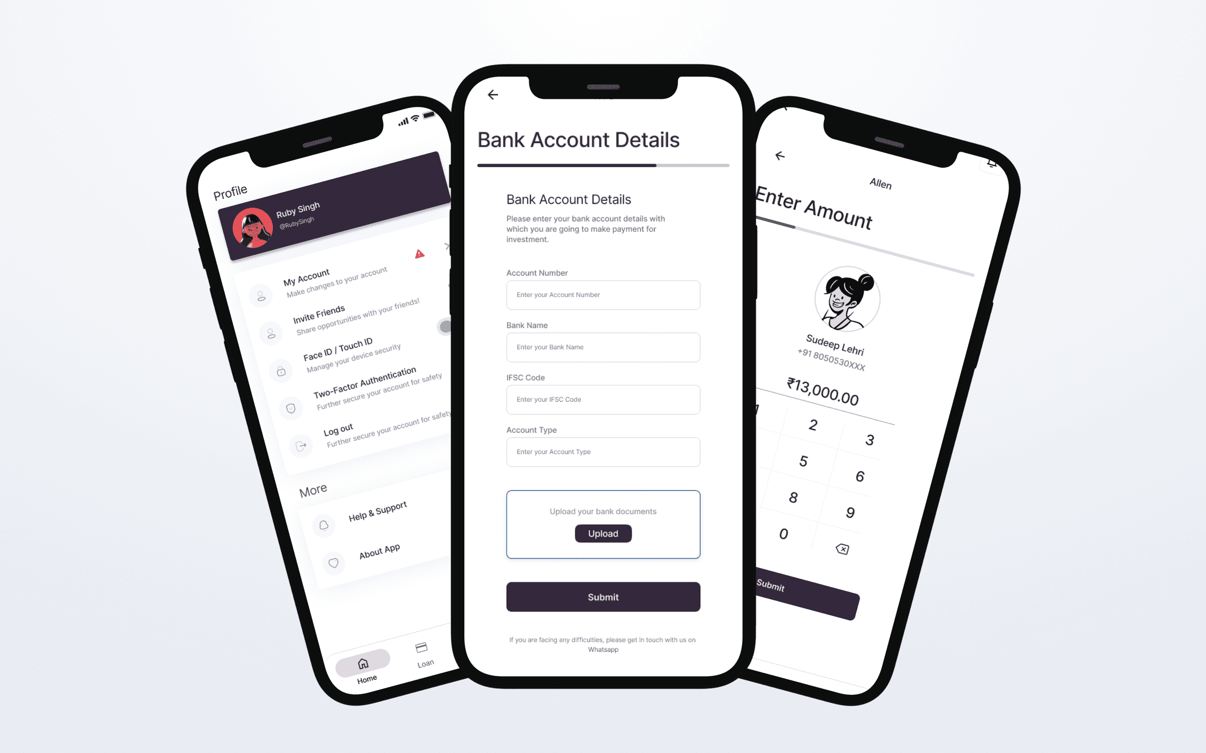 Paymelater app screens showing the profile menu, a bank account details form, and a numeric amount entry keypad
