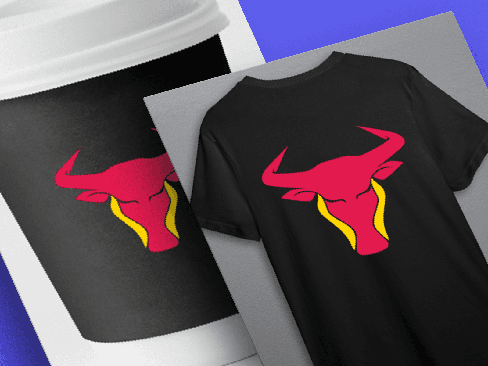 Red Bull redesigned bull logo mocked up on a black coffee cup sleeve and a black t-shirt