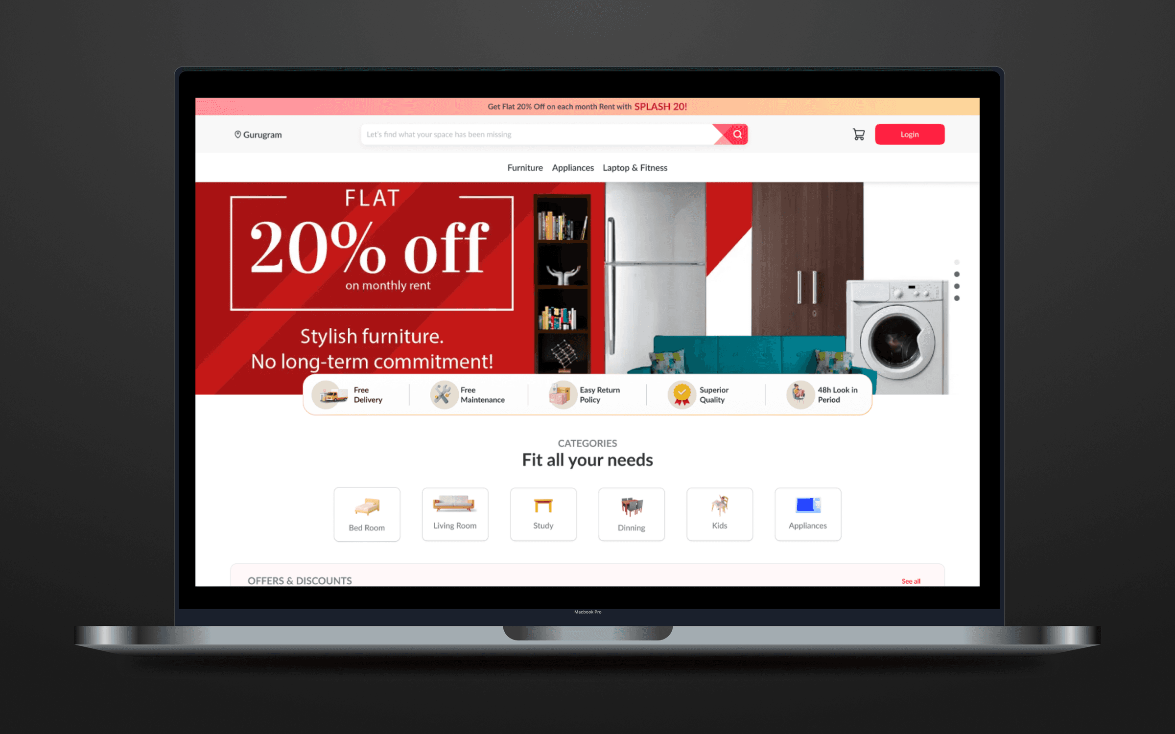 Rentie consumer homepage with a 20% off monthly rent banner, delivery perks and furniture category tiles