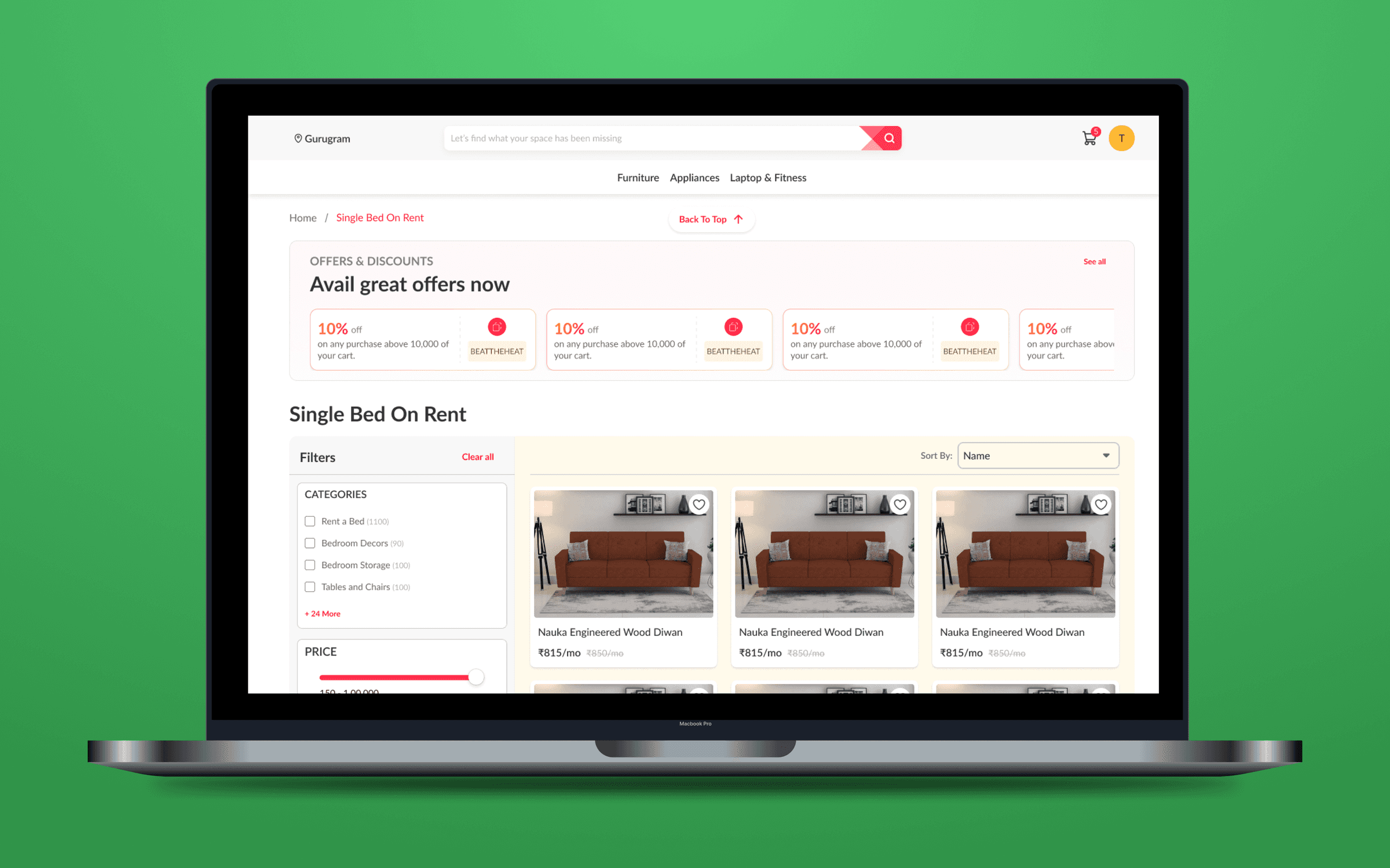 Rentie Single Bed On Rent category page with sidebar filters and a grid of rental product cards