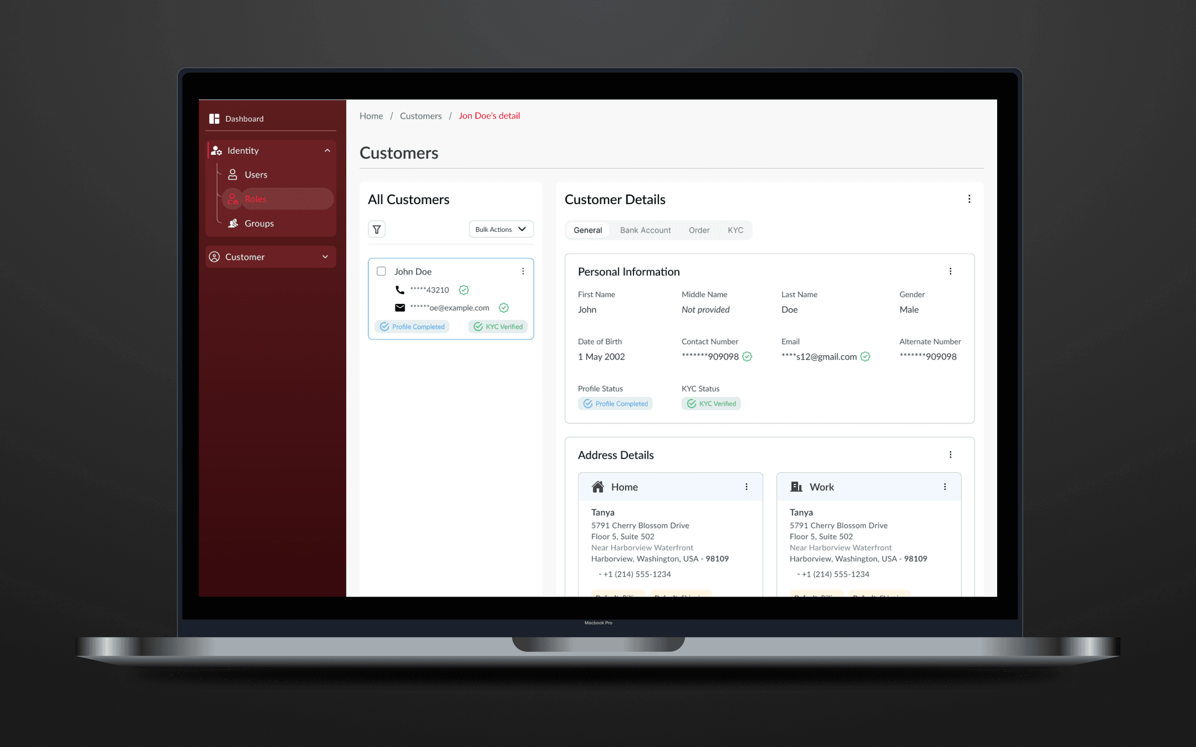 Rentie CRM customer detail screen showing personal information, KYC status and saved home and work addresses