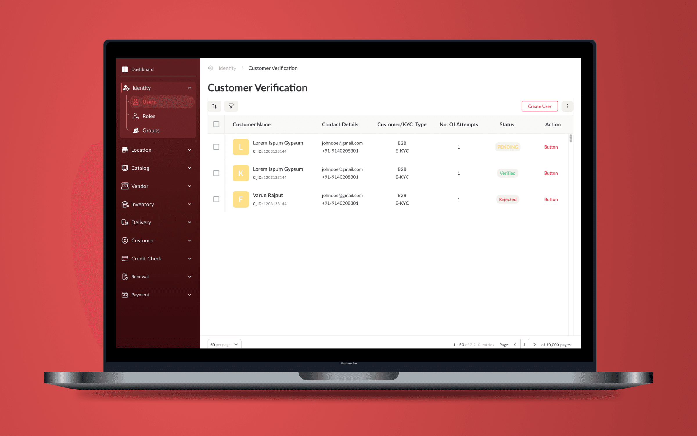 Rentie CRM Customer Verification table listing customers with KYC type, attempts and pending, verified or rejected status