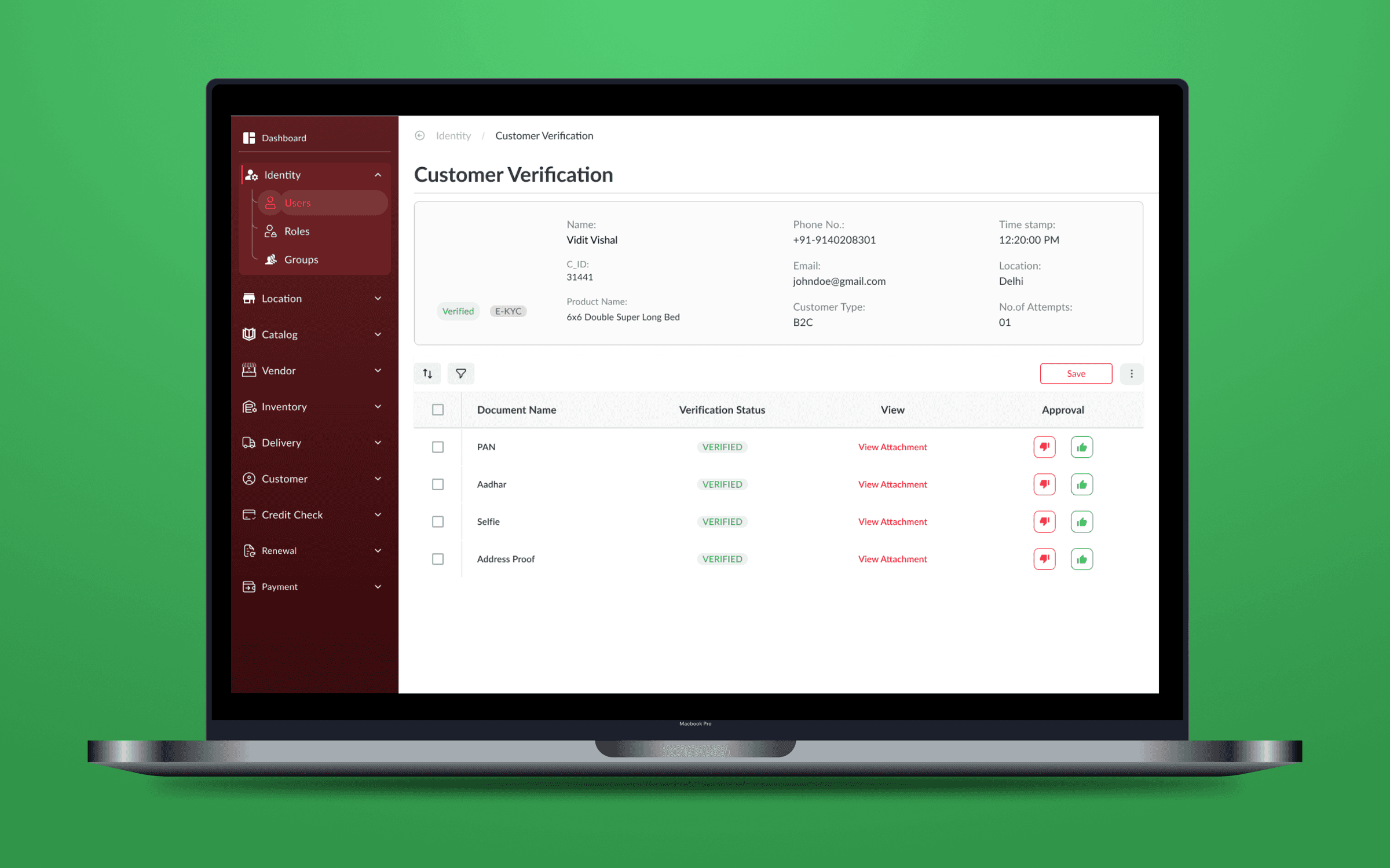 Rentie CRM Customer Verification detail screen for approving PAN, Aadhar, selfie and address proof documents