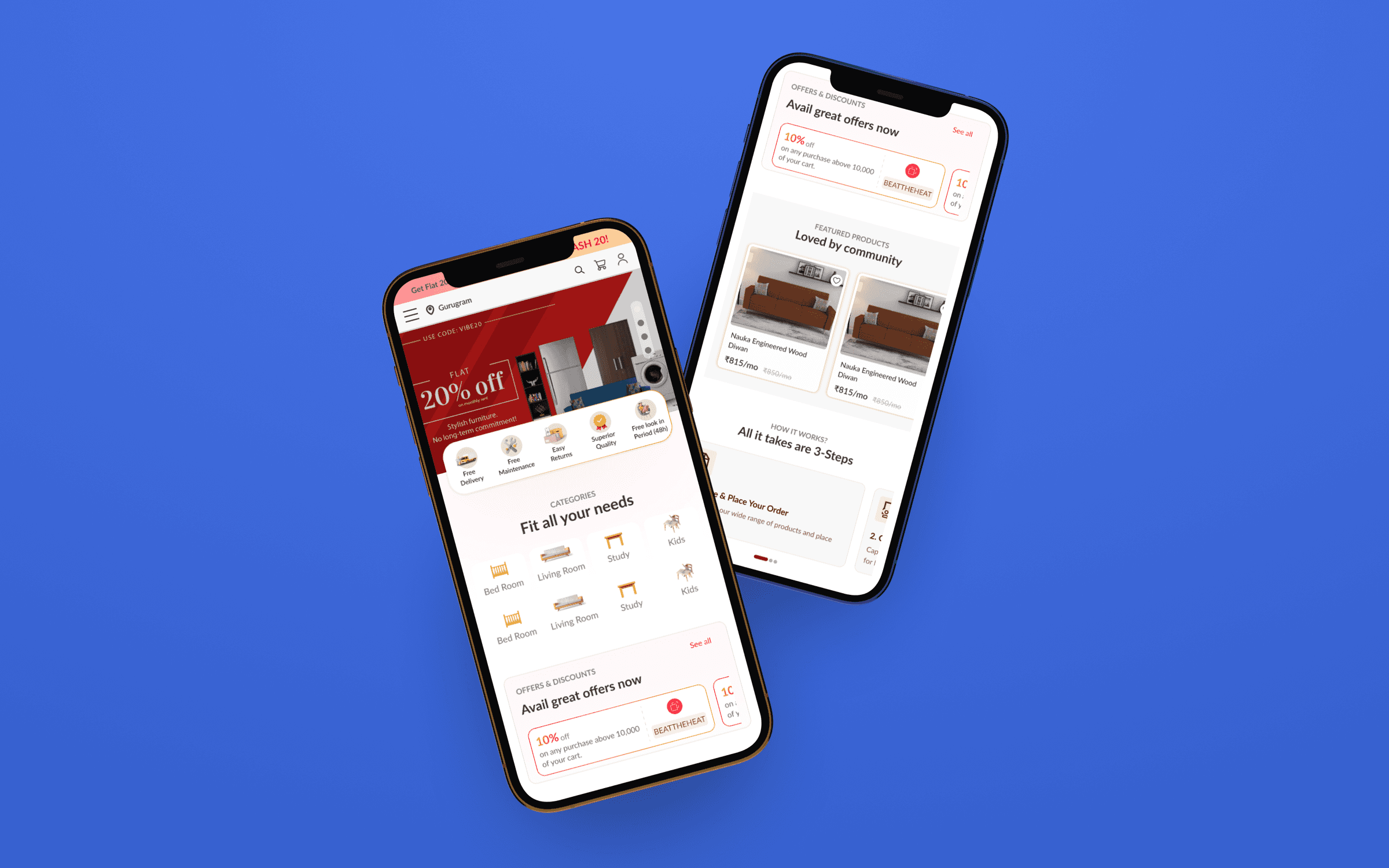 Rentie consumer app screens showing the homepage offer banner and a featured products list